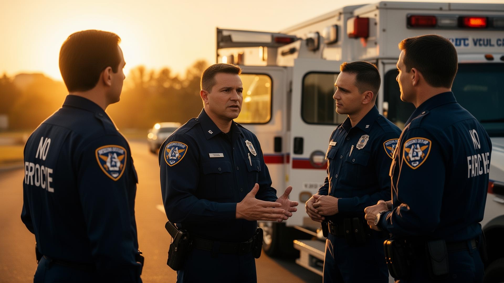 EMS supervisor briefing his crew beside an ambulance at golden hour
